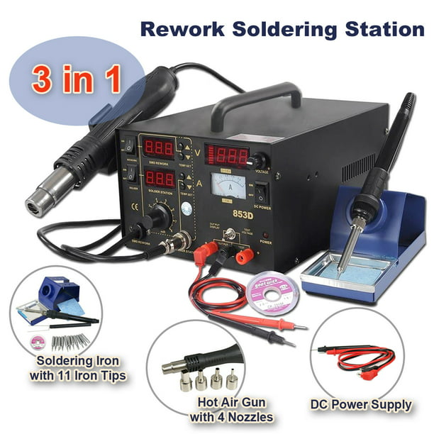 968A 4 in 1 Digital Soldering Iron & Hot Air Station Complete Kit 110V 70 Watt Soldering Iron and Smoke Absorber Digital Display of Soldering Iron and Hot Air Temperature 